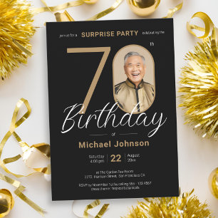 Elegant Photo Gold Black Surprise 70th Birthday Invitation