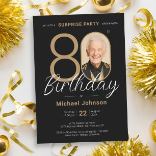 Elegant Photo Gold Black Surprise 80th Birthday Invitation