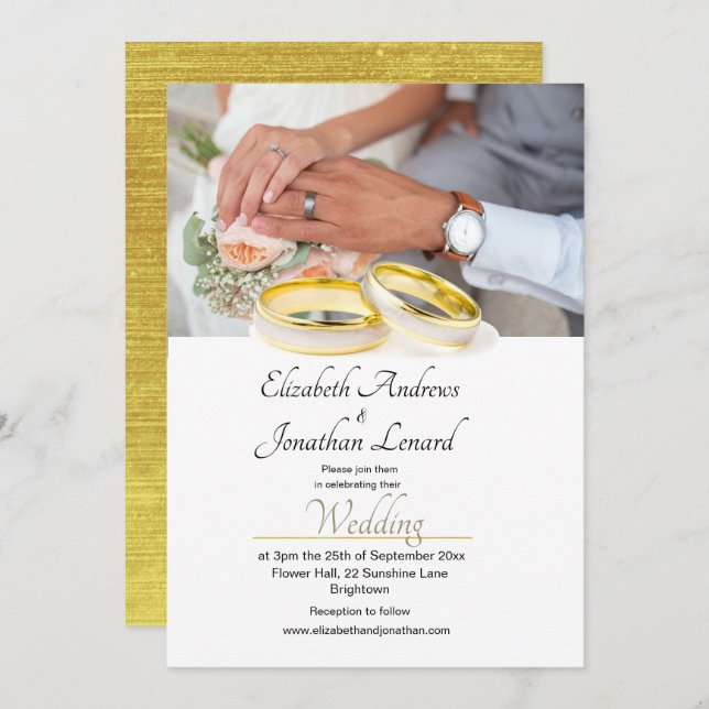 Elegant Photo Gold Coloured Simple Wedding Invite (Front/Back)