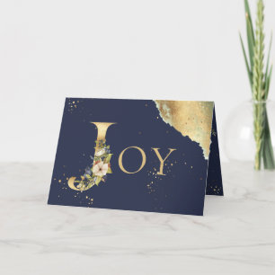 Elegant Photo Gold Floral Blue Joy Christmas Holiday Card