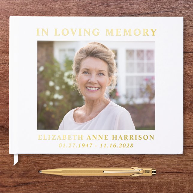 Elegant Photo Gold Foil White Memorial Funeral Guest Book (Creator Uploaded)