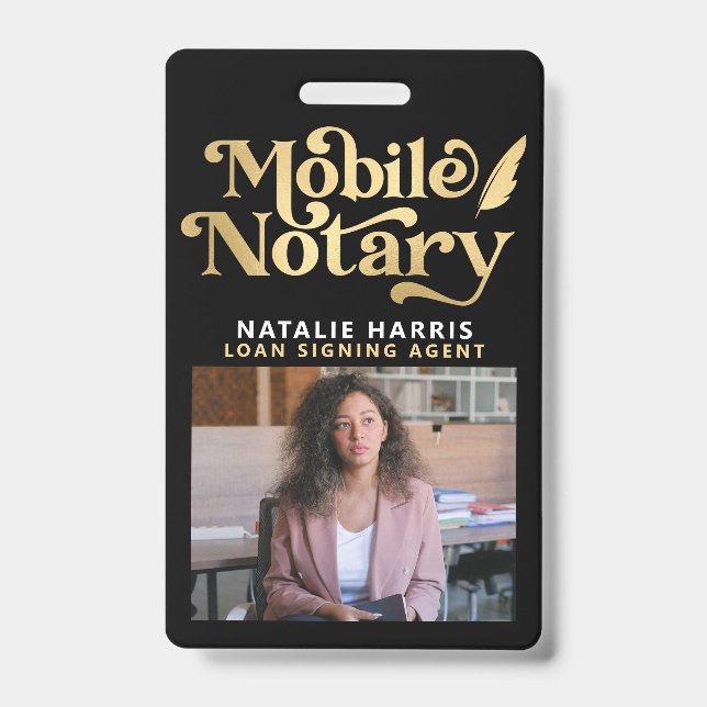 Elegant Photo Gold Mobile Notary Loan Agent  ID Badge (Front)