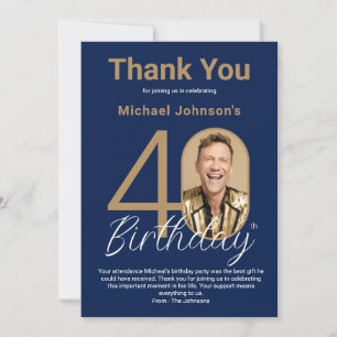 Elegant Photo Gold Navy Blue 40th Birthday Thank You Card