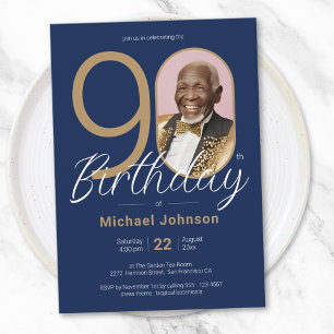 Elegant Photo Gold Navy Blue 90th Birthday Invitation