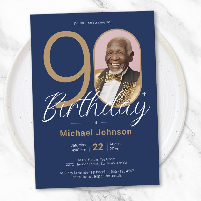 Elegant Photo Gold Navy Blue 90th Birthday Invitation (Elegant Photo Gold Navy Blue 90th Birthday Invitation)