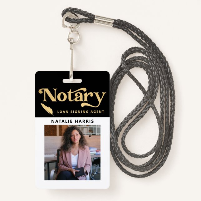 Elegant Photo Gold Notary Loan Agent  Badge ID Badge (Front with Lanyard)