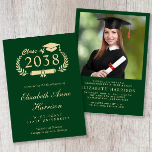 Elegant Photo Gold Script Green Graduation Party Invitation