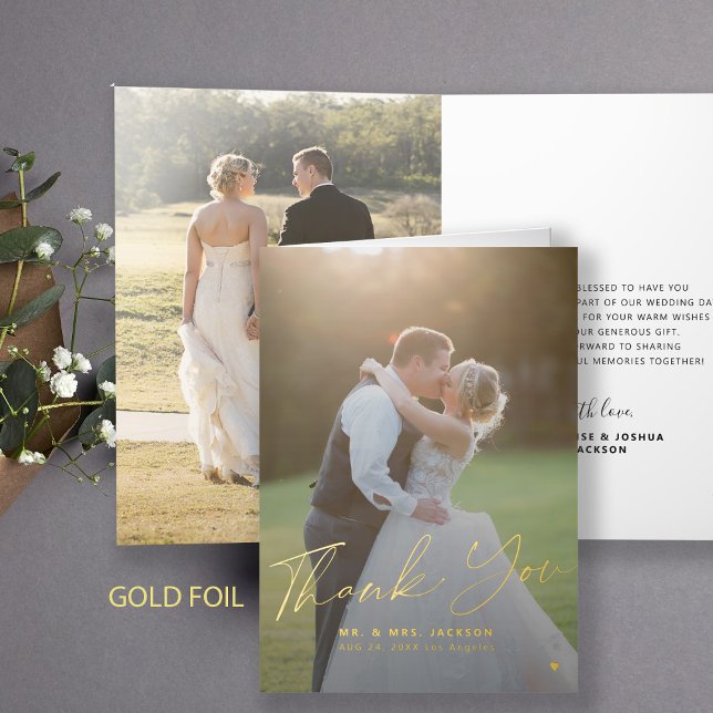 Elegant photo gold script thank you wedding foil greeting card (Creator Uploaded)