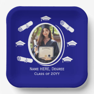 Elegant Photo Graduation Cap Diploma in Navy Blue Paper Plate