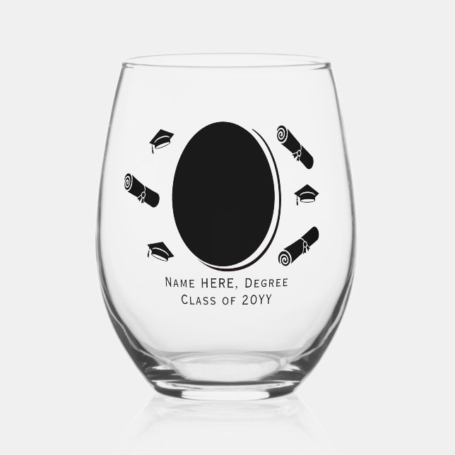 Elegant Photo Graduation Diploma and Cap, Black Stemless Wine Glass (Front)