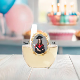 Elegant Photo Graduation Party Gold Laurels Stemless Wine Glass