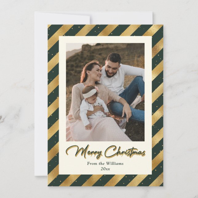 Elegant Photo Green and Gold Merry Christmas Holiday Card (Front)