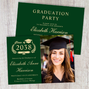 Elegant Photo Green Gold College Graduation Party Invitation