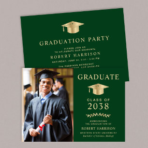 Elegant Photo Green Gold College Graduation Party Invitation