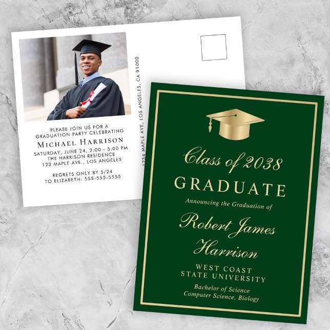Elegant Photo Green Gold College Graduation Party Invitation Postcard (An elegant college graduation party invitation to celebrate the graduate's achievements)