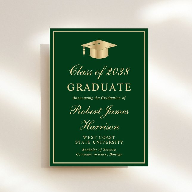 Elegant Photo Green Gold Graduation Party Invitation (An elegant college graduation party invitation to celebrate the graduate's achievements)