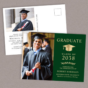 Elegant Photo Green Gold Graduation Party Invitation Postcard
