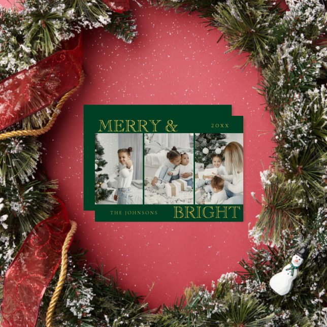 Elegant Photo | Green Merry and Bright Christmas Foil Holiday Card (Insitu)