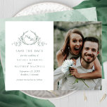 Elegant Photo Green Monogram Wedding Save The Date<br><div class="desc">Announce your wedding date with this striking wedding save the date card featuring two sections on the front, to the left exquisite hand drawn botanical monogram elegantly framing couples initials in green hues with your names and wedding date and location details and to the right with section for your photograph....</div>