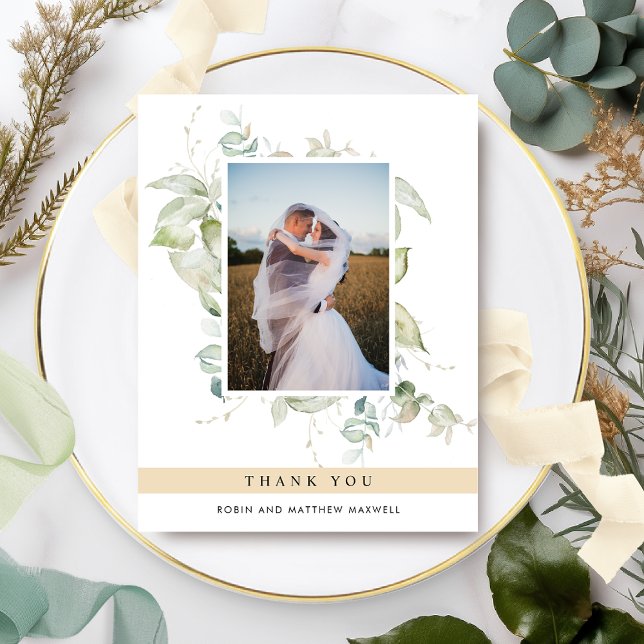Elegant Photo Greenery Wedding Beige Tan Thank Yo Thank You Card (Creator Uploaded)