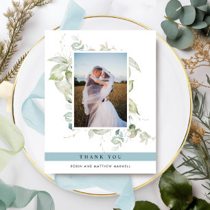 Elegant Photo Greenery Wedding ,Mist Blue Thank You Card