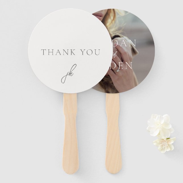Elegant Photo Grey Script Monogram Wedding Hand Fan (Front and Back)