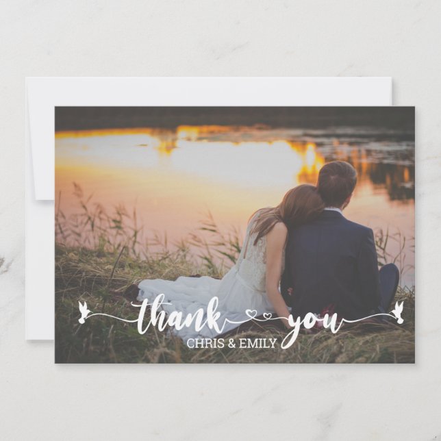 Elegant Photo Heart and Bird Calligraphy Thank You (Front)