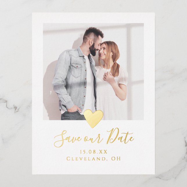 Elegant Photo Heart Save the Date Real Gold Foil Invitation Postcard (Front)