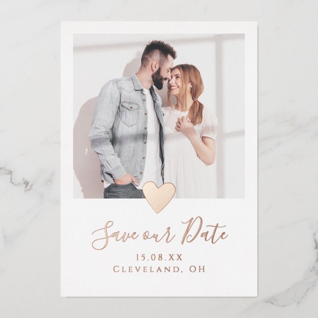 Elegant Photo Heart Save the Date Real Rose Gold (Front)