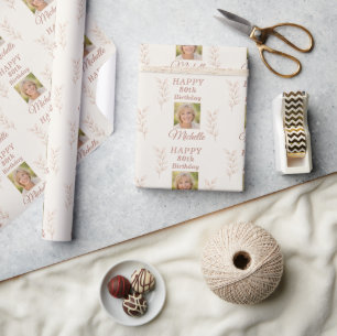 Elegant Photo Leaves Botanical 80th Birthday Wrapping Paper