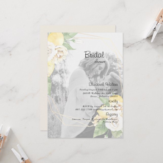 Elegant Photo Lemons & Floral Bridal Shower Invitation (Front/Back In Situ)