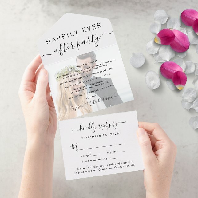 Elegant Photo Meal Choice RSVP Wedding Reception All In One Invitation (An chic Happily Ever After Party all-in-one invitation for your wedding celebration)