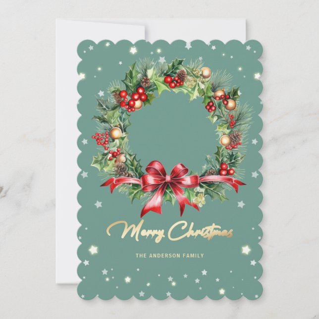 Elegant Photo Merry Christmas Holly Berries Wreath Holiday Card (Front)