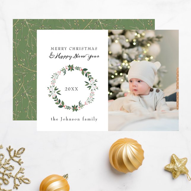 Elegant Photo Merry Christmas Wreath Green Holiday Card (Creator Uploaded)