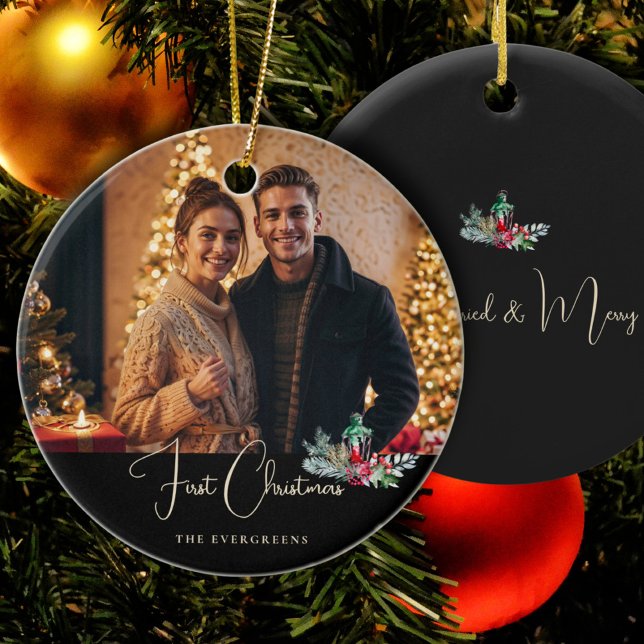 Elegant Photo Minimalist Stylish First Christmas Ceramic Ornament (Creator Uploaded)