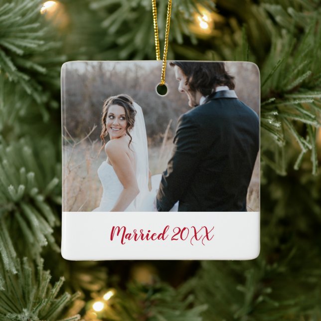 Elegant Photo Modern First Christmas Married Ceramic Ornament (Tree)