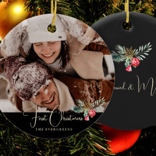 Elegant Photo Modern Greenery Bell First Christmas Ceramic Ornament