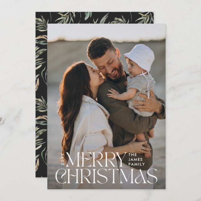 Elegant photo modern minimal black botanical holiday card (Front/Back)