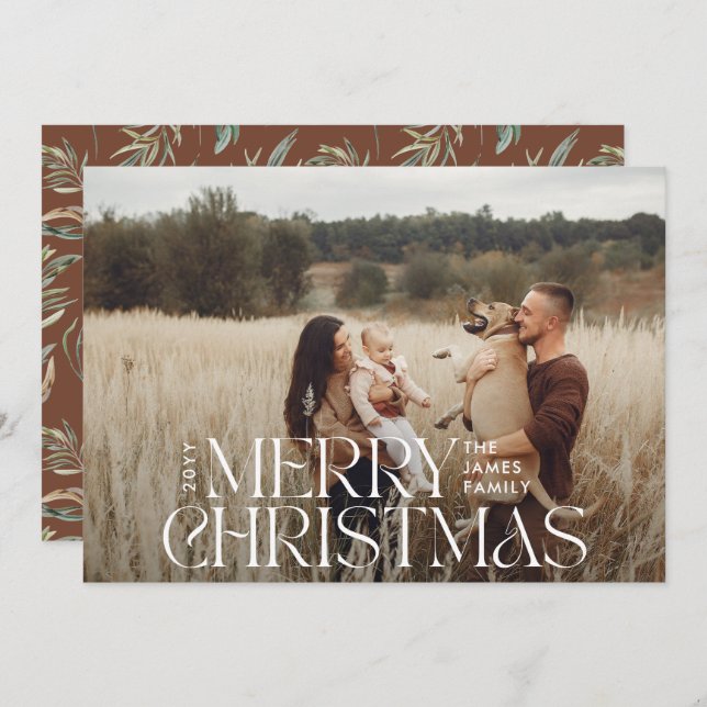 Elegant photo modern minimal natural botanical holiday card (Front/Back)