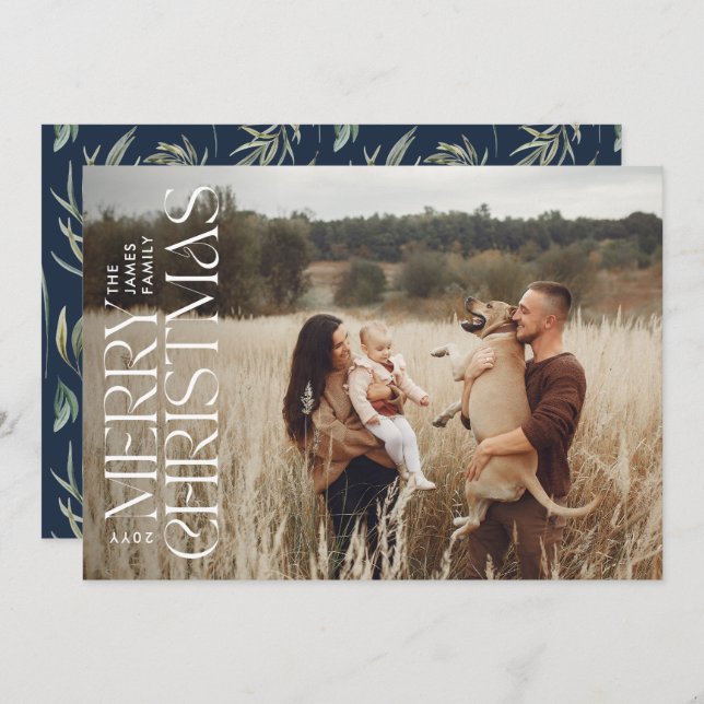 Elegant photo modern minimal navy blue botanical holiday card (Front/Back)