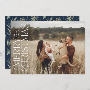 Elegant photo modern minimal navy blue botanical holiday card