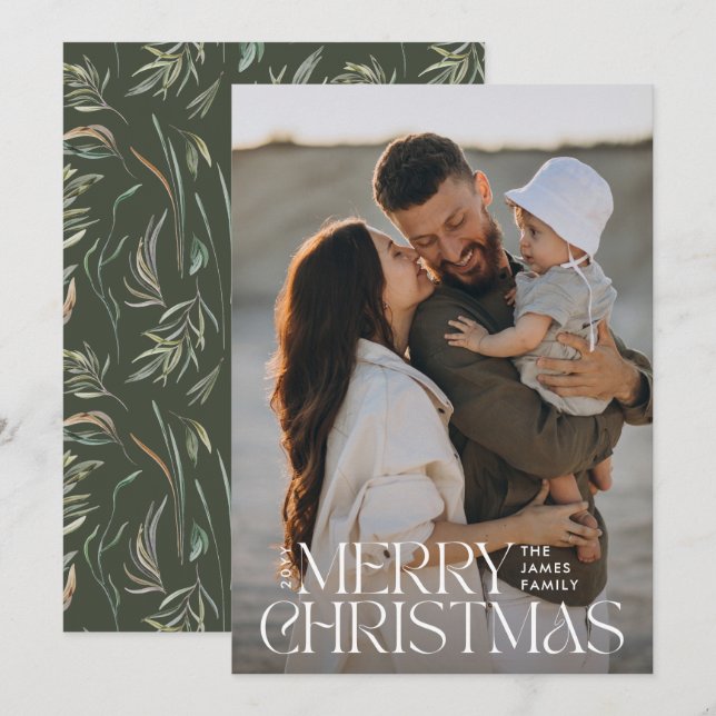 Elegant photo modern minimal olive green botanical holiday card (Front/Back)