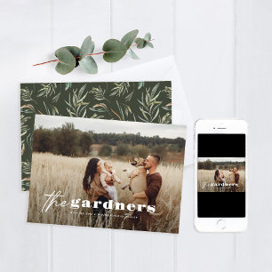 Elegant photo modern minimal olive green botanical holiday card