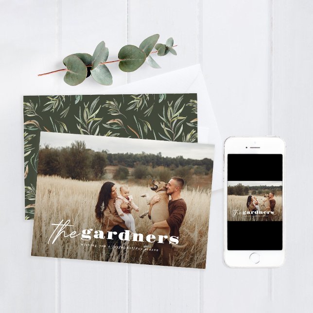 Elegant photo modern minimal olive green botanical holiday card (Creator Uploaded)