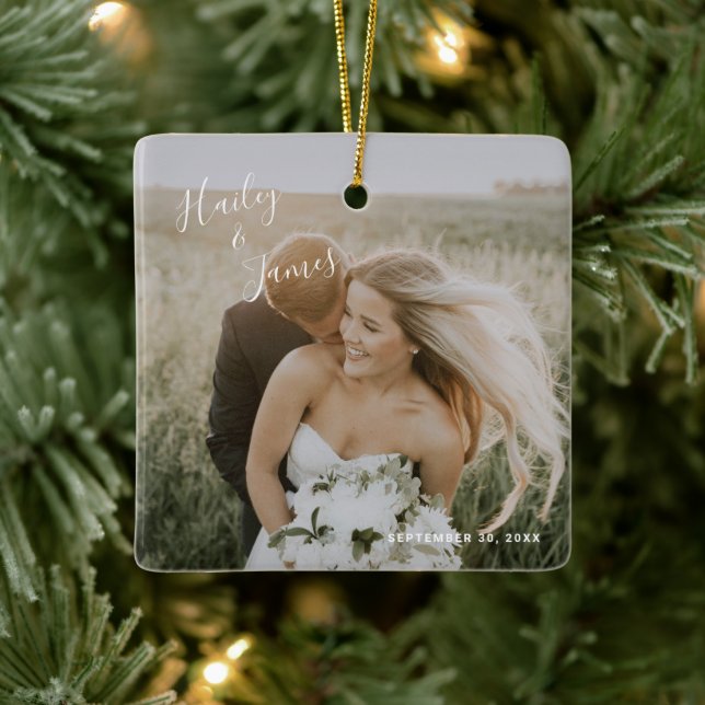 Elegant Photo Modern Newlywed First Christmas Ceramic Ornament (Tree)