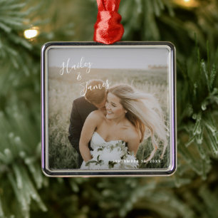 Elegant Photo Modern Newlywed First Christmas Metal Ornament