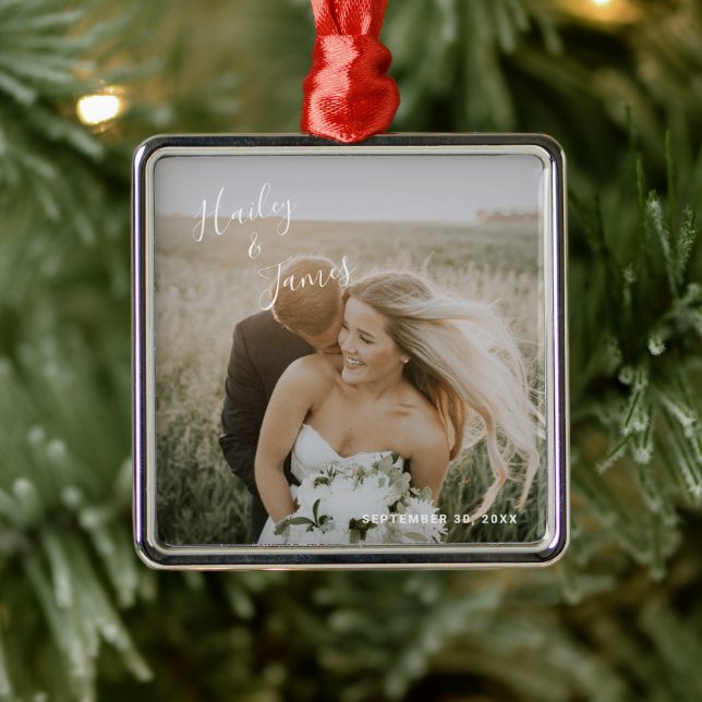 Elegant Photo Modern Newlywed First Christmas Metal Ornament (Tree)