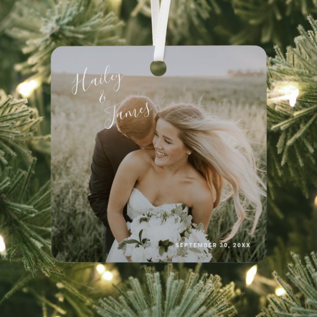 Elegant Photo Modern Newlywed First Christmas Metal Tree Decoration (Insitu)