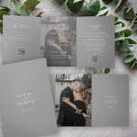 Elegant photo modern wedding RSVP details QR code  Tri-Fold Invitation<br><div class="desc">Modern simple minimal typography trendy formal grey grey all in one budget wedding invitation template with 2 photos, rsvp and details with scanning QR codes featuring a chic trendy calligraphy script and dark overlay. Easy to personalise with one or two custom photos (you can upload the same photo on both...</div>