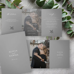 Elegant photo modern wedding RSVP details QR code Tri-Fold Invitation